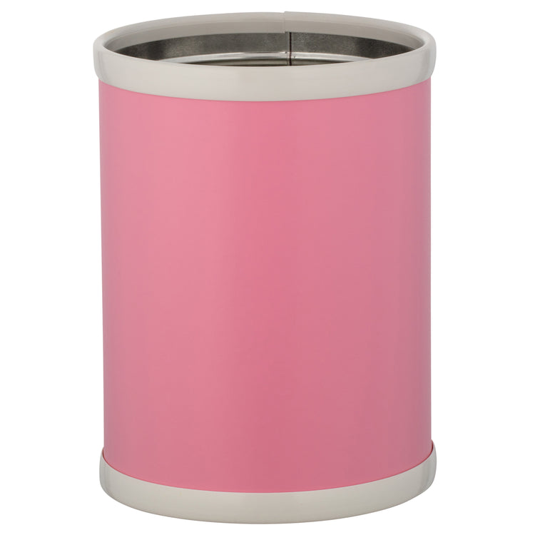 Pink | Stylish round wastebasket in leatherette material, shown upright on a plain white background.