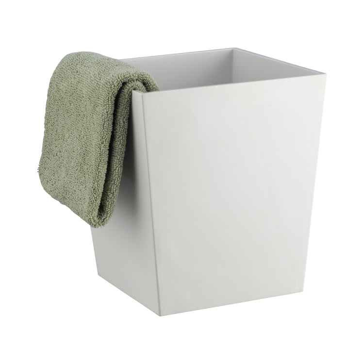 White | Square 8qt wastebasket with a hand towel, ideal for contemporary bathroom settings.