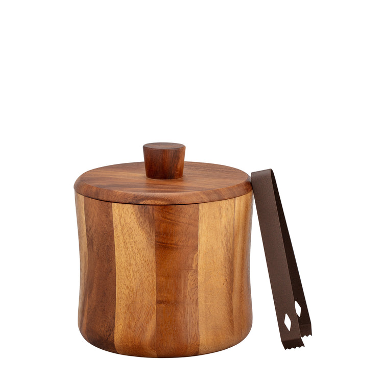 Acacia | Close up of a round acacia ice bucket featuring natural wood grain paired with metal ice tongs resting on the side.