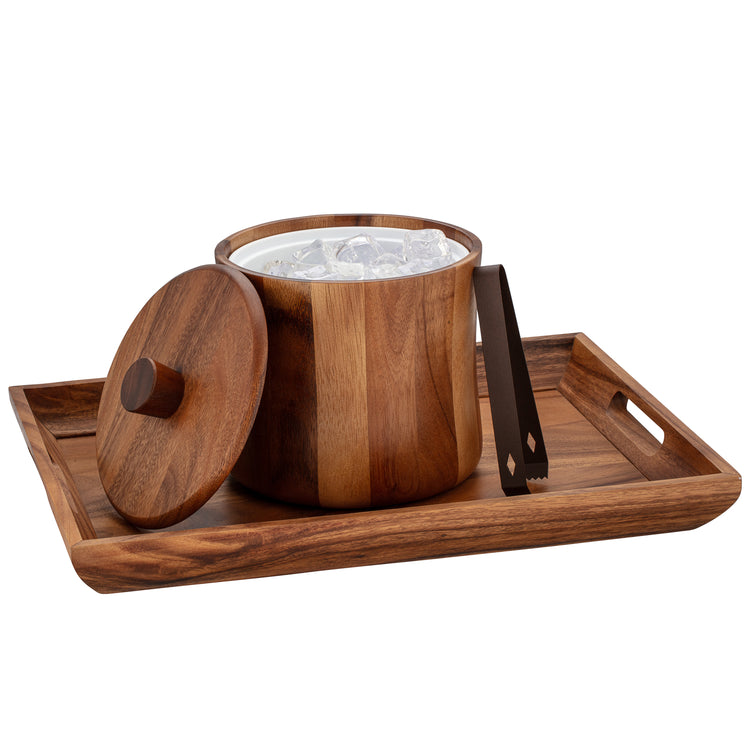 Acacia | Stylish ice bucket with pairing tray & ice tongs on a white background.