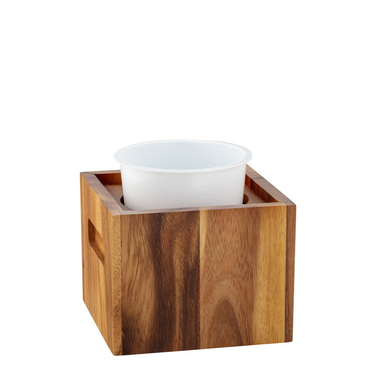 Acacia | Wood ice bucket with the liner propped up.