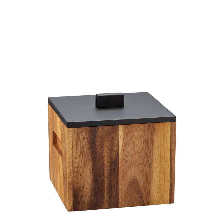Acacia | Wooden cube ice bucket with a black top on a white background