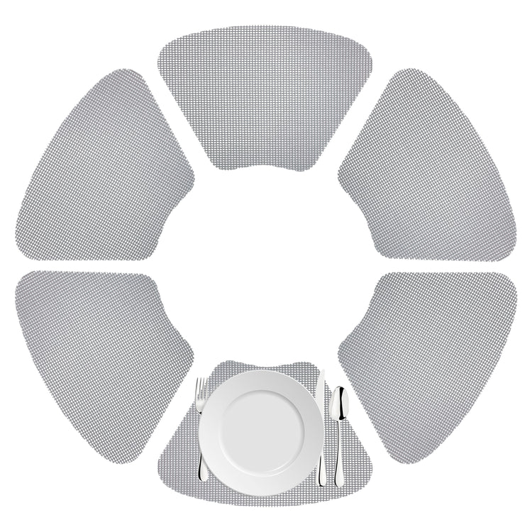 Ultimate Gray | clean white background with fishnet wedge placemats and white plate.