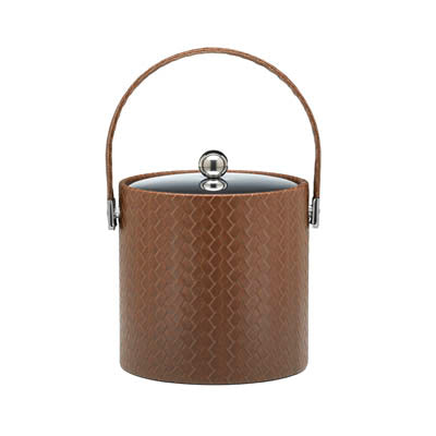 Pinecone | Elegant leatherette ice bucket featuring a stitched handle and reflective metal cover, shown on a clean white surface.
