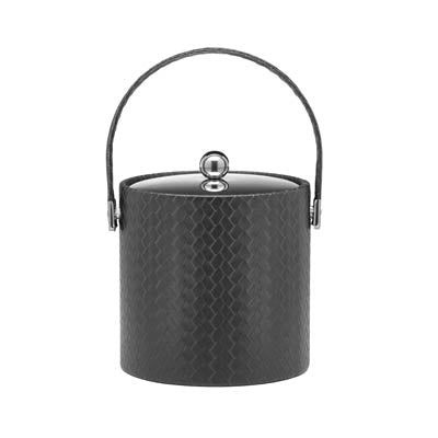 Eclipse | 3qt leatherette ice bucket with stitched handle and shiny metal lid, displayed on a white background.