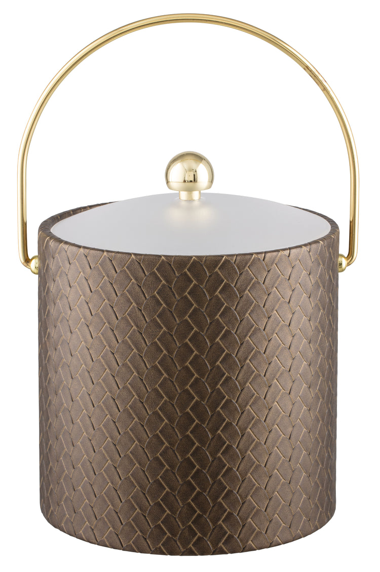 Antique Gold | 3-quart leatherette ice bucket with a gold bale handle, displayed upright on a white background.