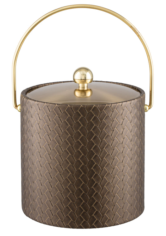 Antique Gold | 3-quart leatherette ice bucket with a shiny metal lid and gold bale handle, displayed on a white background.