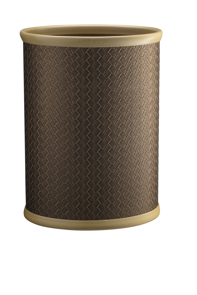 Antique Gold | Front view of a 13QT oval wastebasket featuring a textured leatherette surface, shown on a clean white surface.