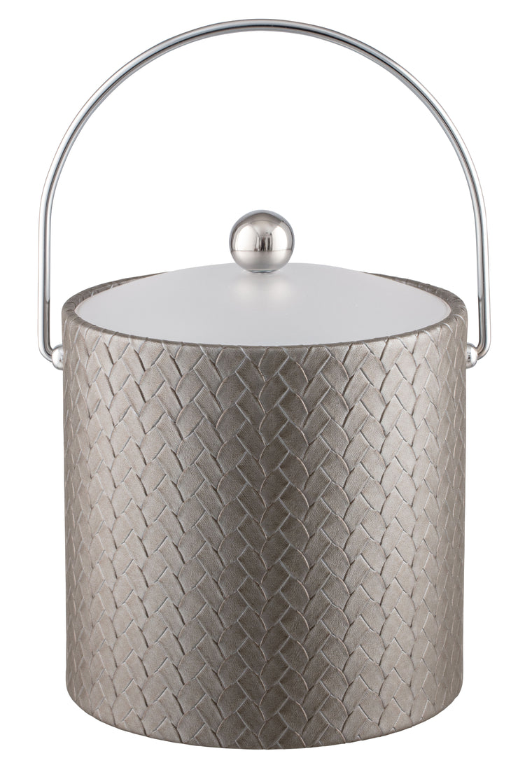 Silver | Stylish 3qt ice bucket with leatherette exterior and arched bale handle, centered on a white background.
