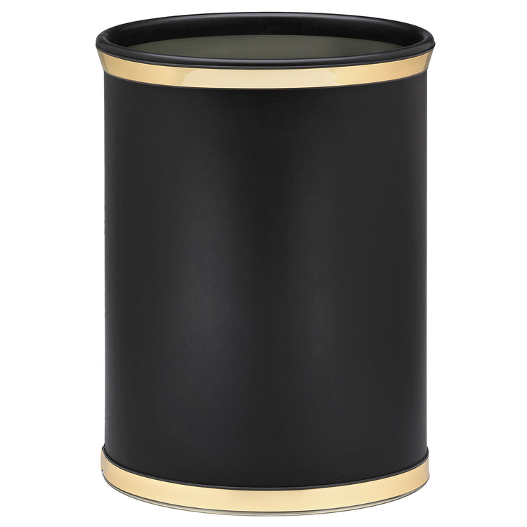 Black | Close-up of faux metal bumper details on a 13qt oval leatherette trash bin.