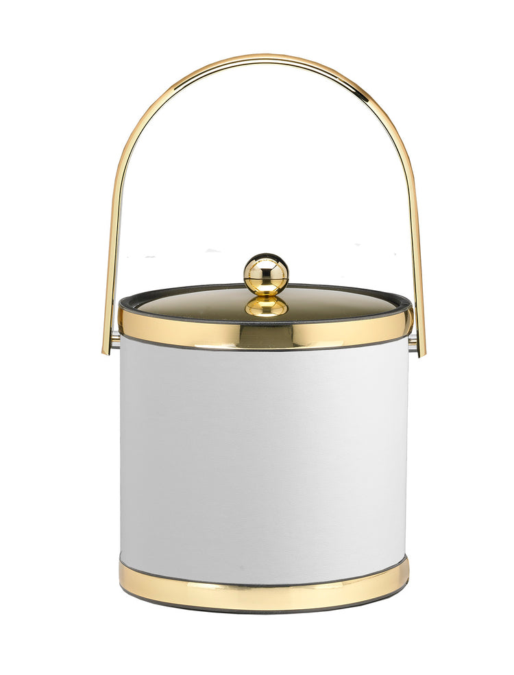 White and Polished Gold | Elevated leatherette ice bucket with faux gold bands, sturdy track handle, and metal cover.