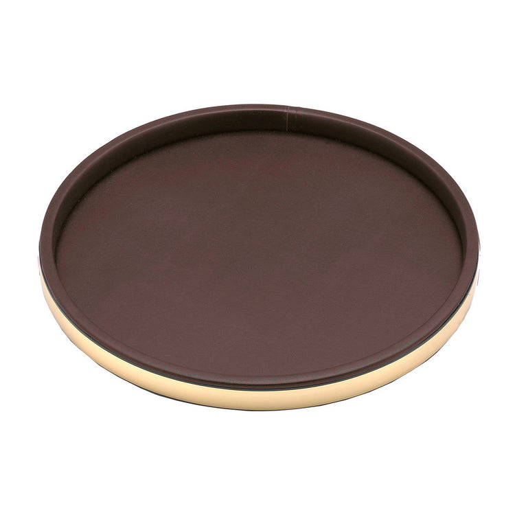 Brown and Polished Gold | Leatherette serving tray with detailed faux metal border and matte finish.