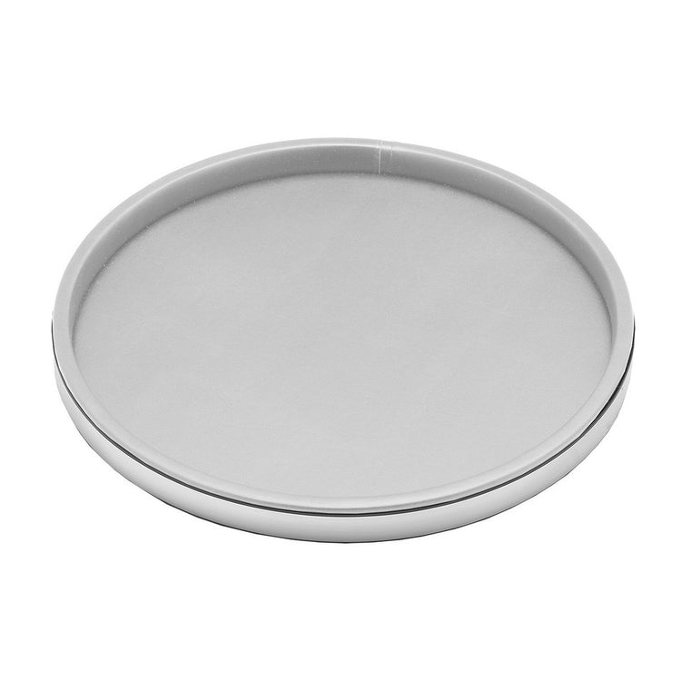 White and Brushed Chrome | Overhead view of a 14" round tray with modern leatherette texture and metal accents.