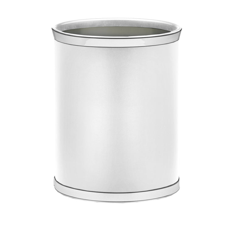 White | Back view of the oval leatherette wastebasket with smooth body and chrome faux metal trim.