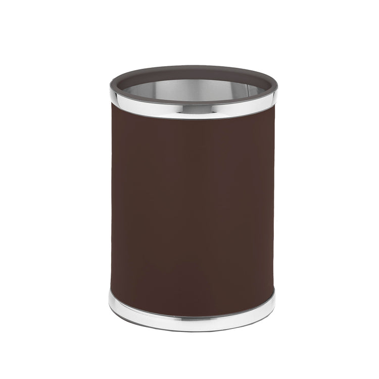 Brown and Polished Chrome | Close-up of the faux metal bumpers on the leatherette wastebasket.