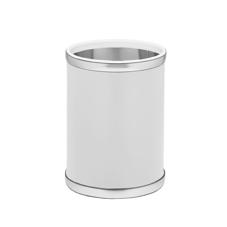 White and Brushed Chrome | 8-quart wastebasket highlighting the hand sewn seams of the leatherette with brushed chrome metal accents.