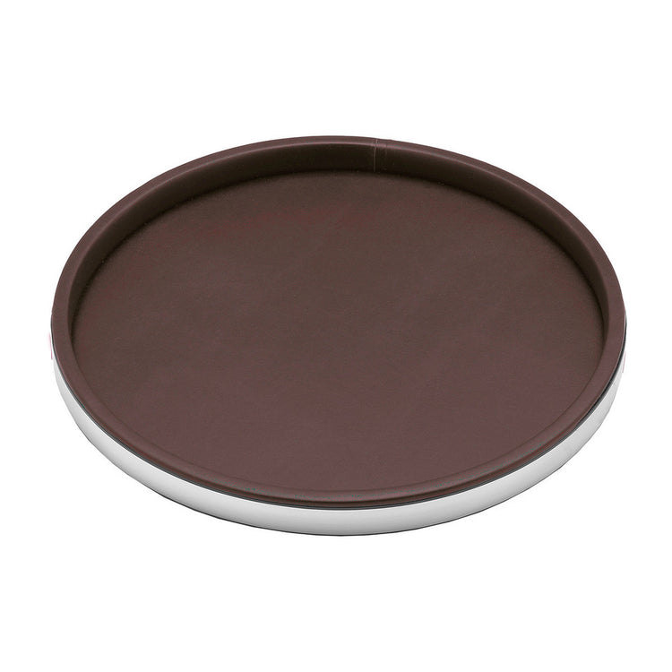 Brown and Brushed Chrome | Close-up of the faux metal accent trim on a leatherette round tray.