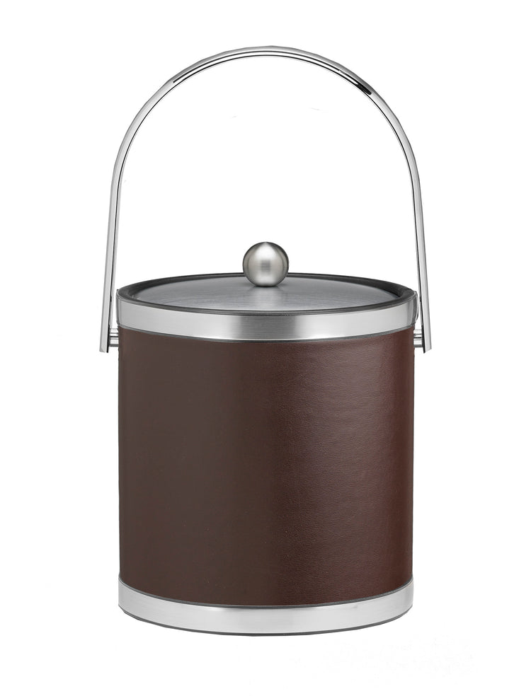 Brown with Brushed Chrome | Close up of the track handle and faux metal bands and cover on a leatherette ice bucket.