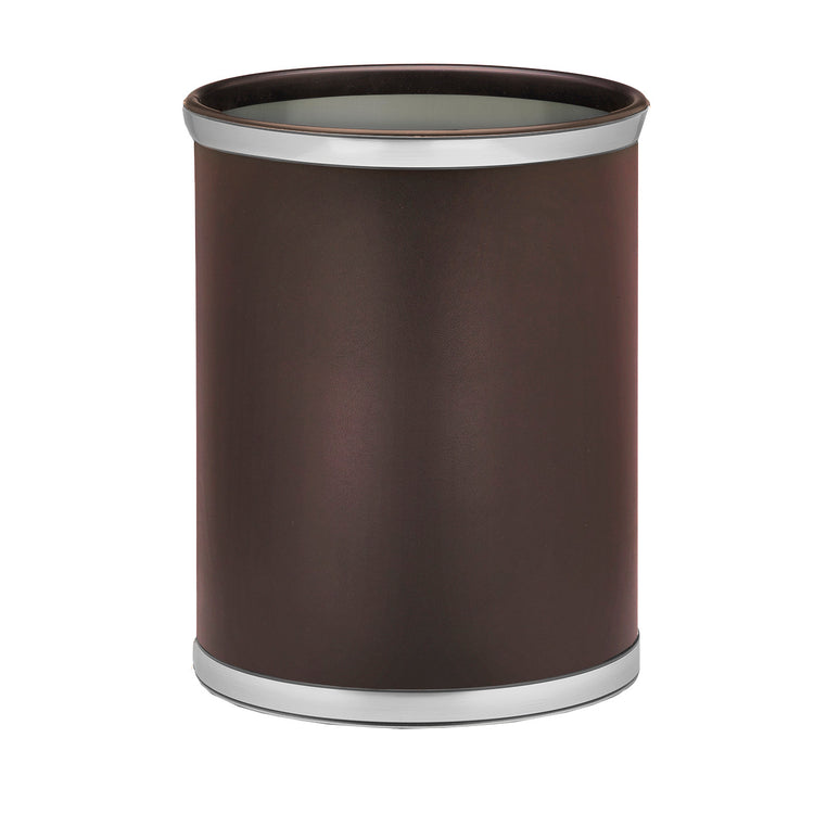 Brown | 13qt leatherette wastebasket with glossy faux metal bumpers centered on white background.