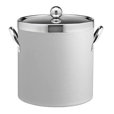White | Contemporary ice bucket with chrome finished cover, top ring detail, and functional side handles.