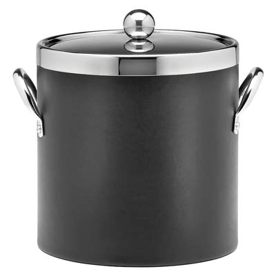 Black | Stylish ice bucket designed with chrome cover, top ring accent. and side handles for a refined barware look.