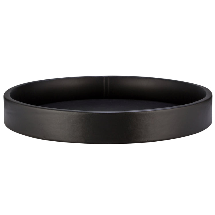 Black | Front view of the round leatherette gallery tray with raised edges.