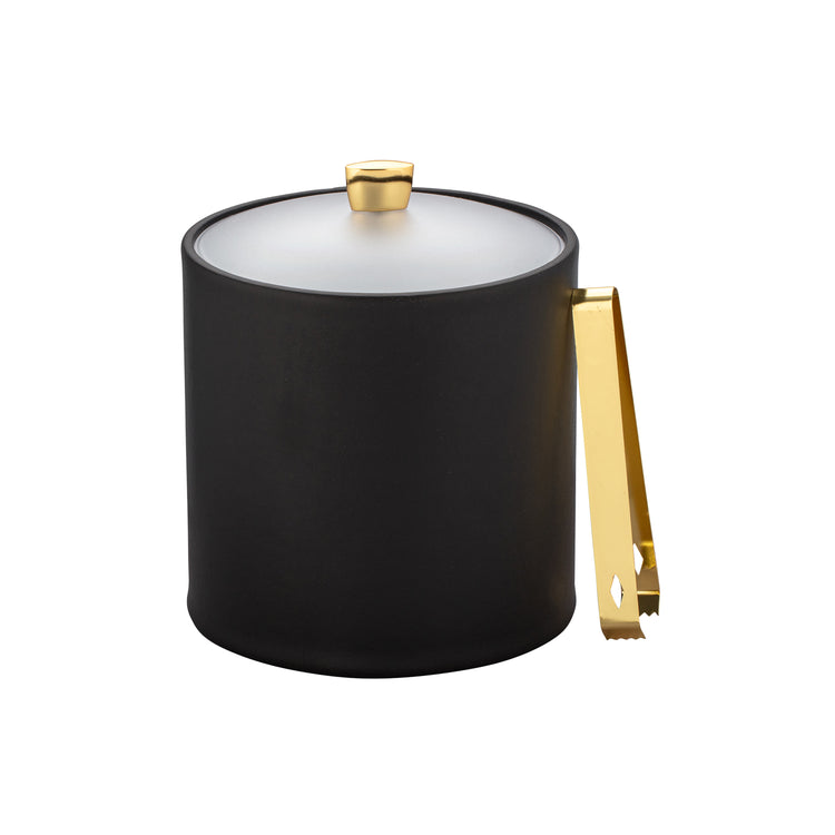 Black | Close-up of a leatherette ice bucket featuring a frosted acrylic cover and polished gold arc shaped knob.