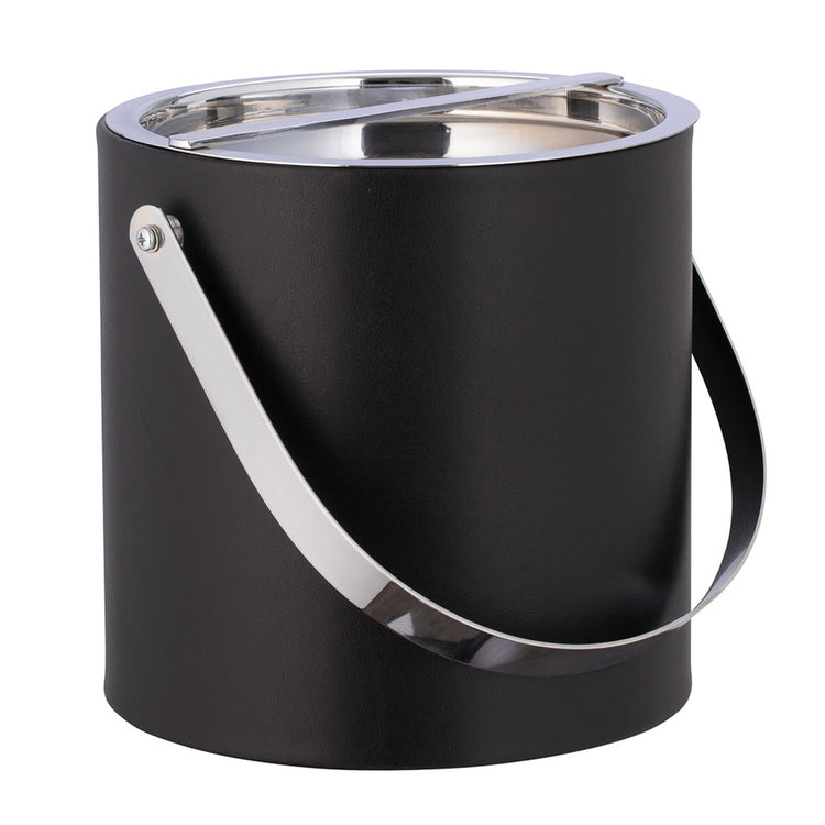 Black | Leatherette ice bucket with chrome cover and arch handle.