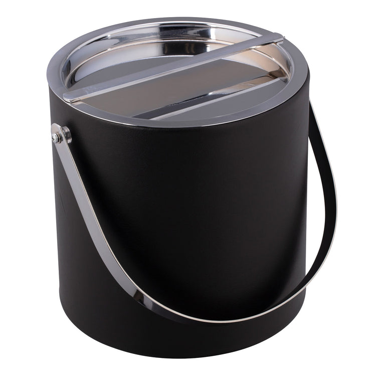 Black | Leatherette ice bucket with detail view of the polished chrome cover and arch handle.