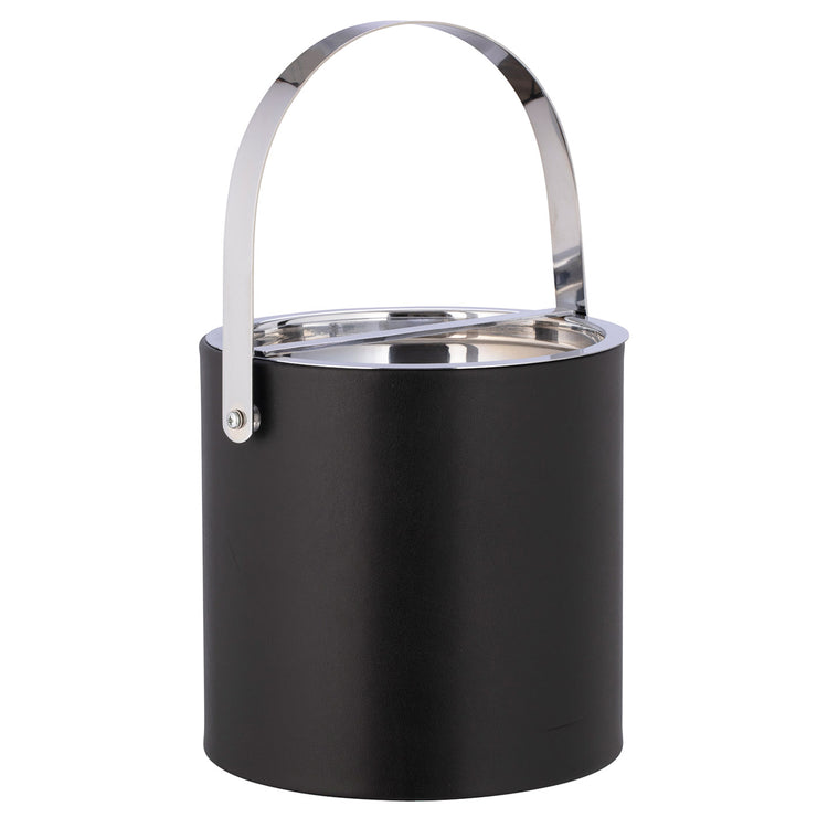 Black | Sophisticated black Manhattan leatherette ice bucket with polished chrome top placed on a white background.