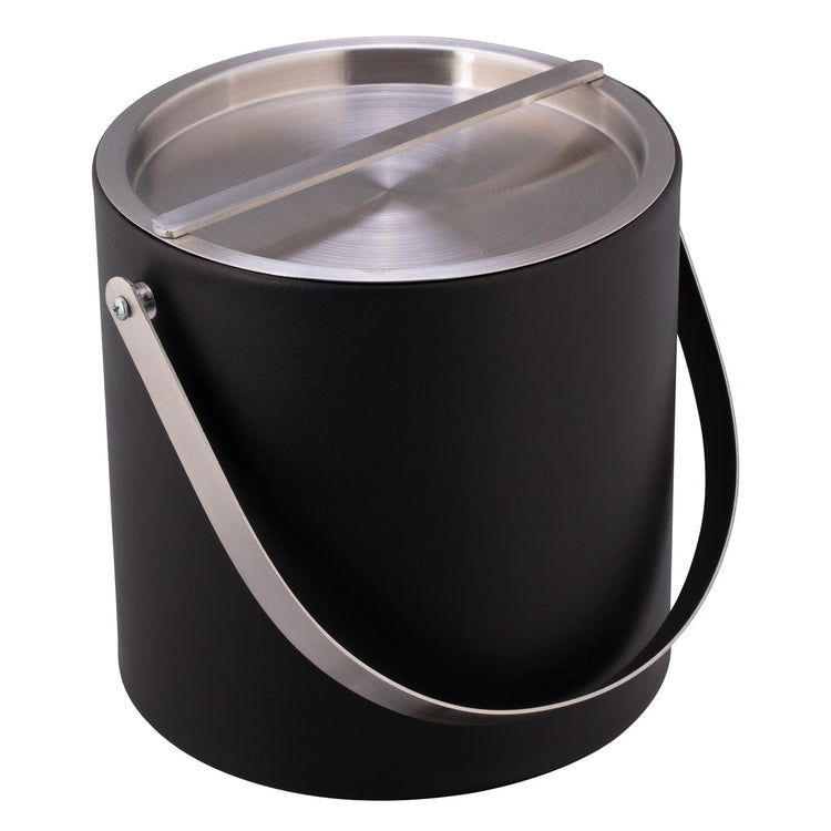 Black | Top view of leatherette ice bucket with chrome handle and lid.