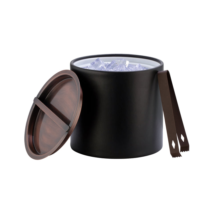 Black | Close up of ice bucket featuring a rich oil-rubbed bronze bridge-style cover.