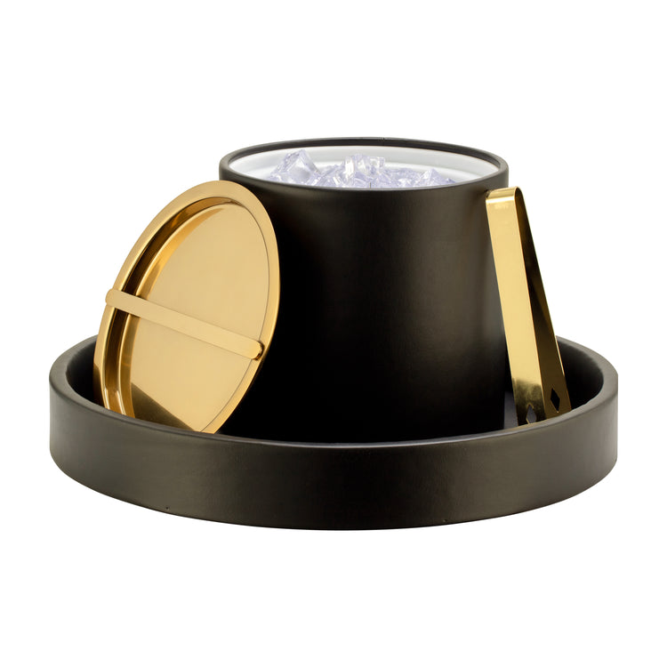 Gold | Polished gold ice tongs paired with a leatherette ice bucket and serving tray.