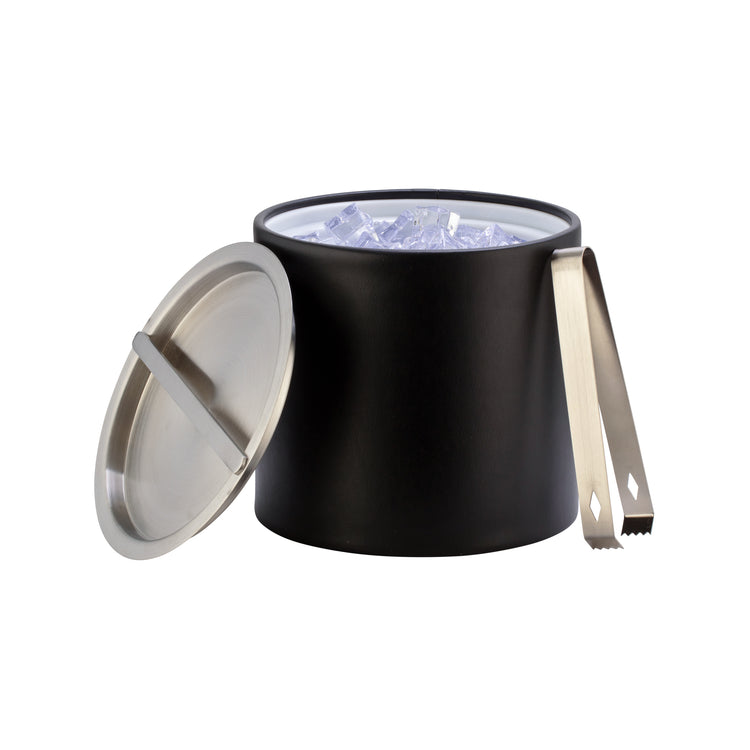 Black | Opened 3qt leatherette ice bucket to see ice filled inside with matching brushed chrome ice tongs.