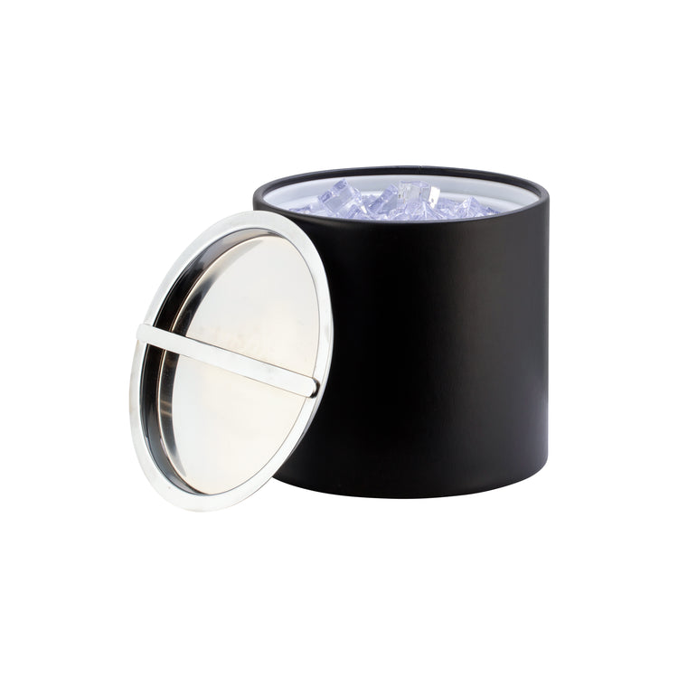 Black | Opened leatherette Manhattan ice bucket to reveal ice inside.