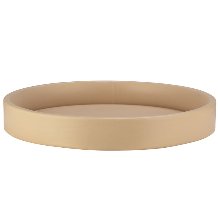 Beige | Leatherette round serving tray showing the height of the rim.