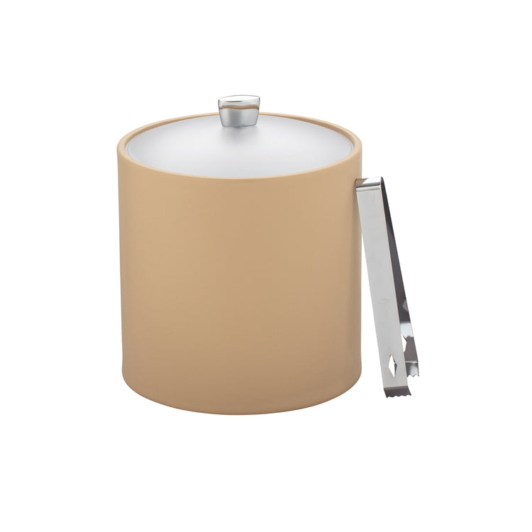 Beige | 3QT modern leatherette ice bucket with sleek acrylic cover and polished chrome arc knob accent.