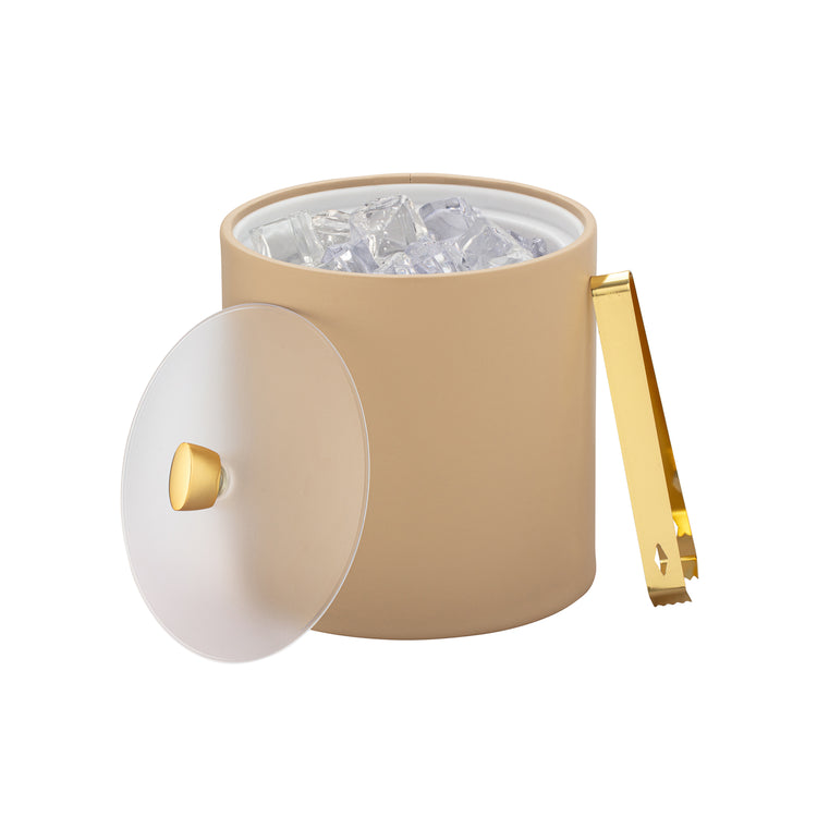 Beige | Contemporary ice bucket with light weight acrylic cover and reflective gold arc-shaped knob.