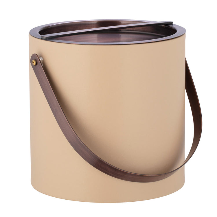 Beige | Barware ice bucket with oil rubbed bronze bridge cover and sturdy arch handle for easy carrying.
