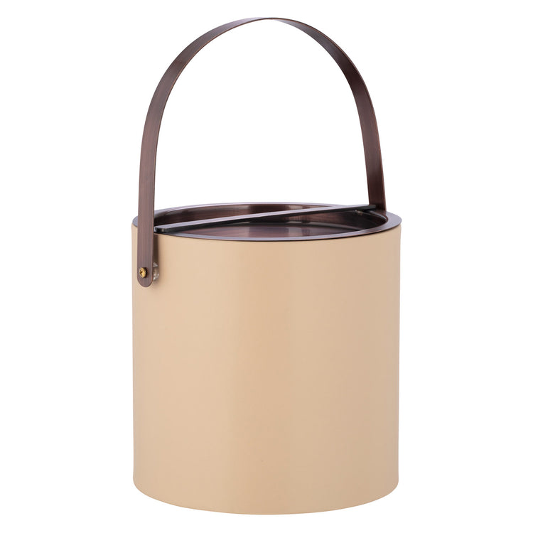 Beige | Rustic-inspired ice bucket with oil rubbed bronze bridge cover and complementary arch handle detail.