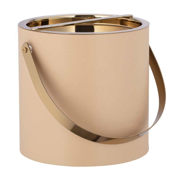 Beige | Leatherette beige wrapped ice bucket featuring a shiny gold lid and curved handled.