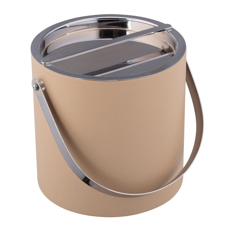 Beige | Elegant Manhattan ice bucket with leatherette exterior and reflective chrome arch handle.