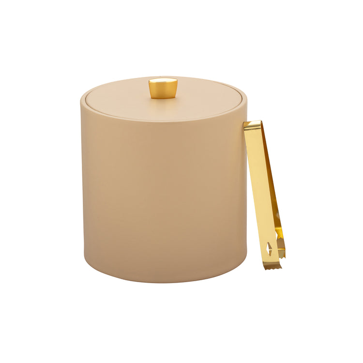 Beige | Elegant beige leatherette ice bucket featuring a gold arc knob for a luxurious finish.