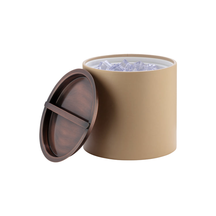 Beige | Rustic ice bucket design with oil-rubbed bronze bridge cover, styled for hosting.