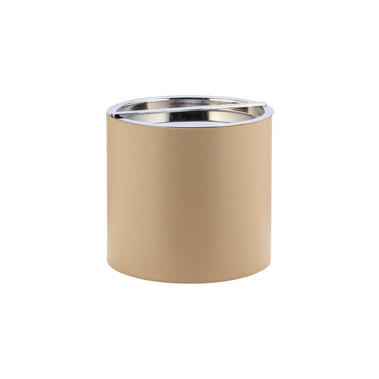 Beige | Elegant beige leatherette ice bucket featuring a reflective chrome lid.