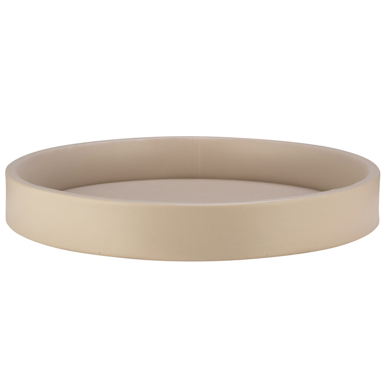 Taupe | Detail view of the rim on the gallery leatherette round tray.