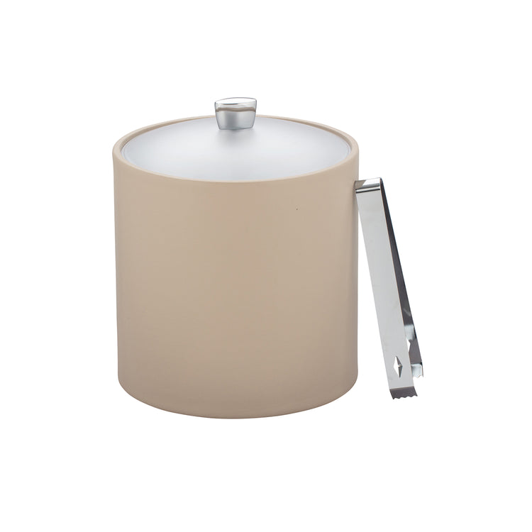 Taupe | Elegant leatherette ice bucket with frosted acrylic lid and polished chrome arc-shaped knob.