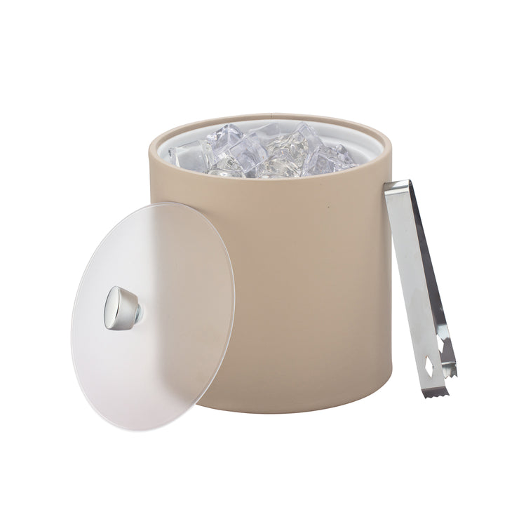 Taupe | Sleek 3QT ice bucket with acrylic lid and polished chrome arc knob, styled with ice inside and ice tongs.