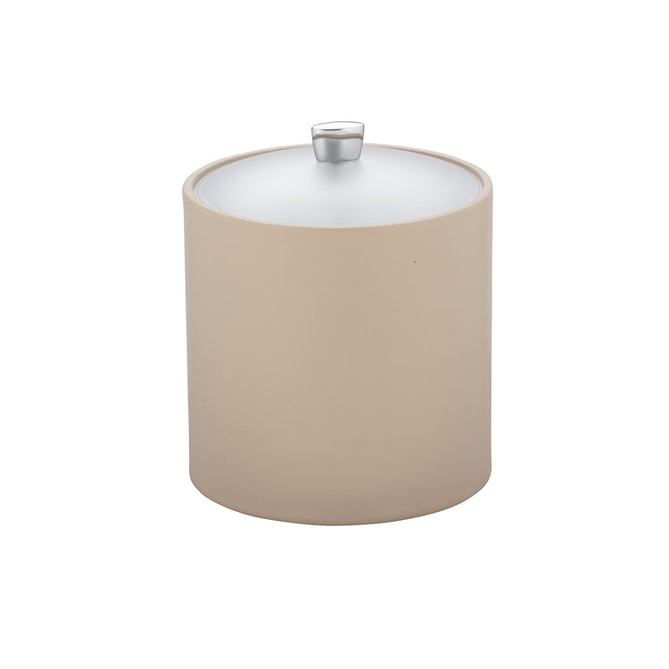 Taupe | Leatherette ice bucket with acrylic cover and polished chrome arc knob on a white backdrop.