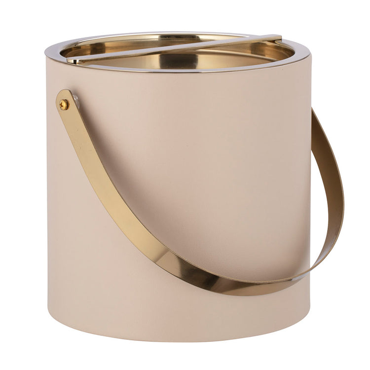 Taupe | Smooth leatherette ice bucket with gold-finished cover on a white background.